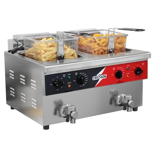 CROSSON 16L Dual Tank Countertop Electric Deep Fryer with “Swing-up and Hold”,Drain Valve,Strech forming Oil Tank and Solid Wire Mesh Basket for Restaurant Use 120V,3600W Commercial Deep Fryer