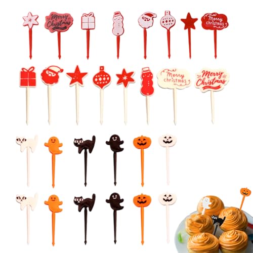 SULIUDAJI 28 Stück Piekser Fingerfood Kinder Mini Cartoon Bento Obstgabeln Zahnstocher Für Kuchen Picks ZubehöR SüßE spieße Erwachsene Dessert Obst Kinderparty Halloween Weihnachten