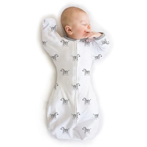 Image of Amazing Baby Transitional Swaddle Sack, Arms Up Half-Length Sleeves & Mitten Cuffs, Swaddle for Newborn Transition to Baby Sleep Sack Wearable Blanket, Small, 0-3 Month, 6-14 lb, Little Zebra