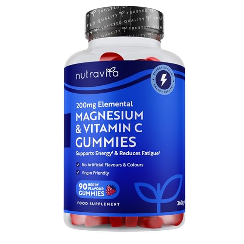 Nutravita Gominolas Citrato de Magnesio con Vit C – Veganas 2136mg citrato con 200mg Mg. El magnesio contribuye al metabolismo energético normal & a reducir cansancio y fatiga – Frutos rojos