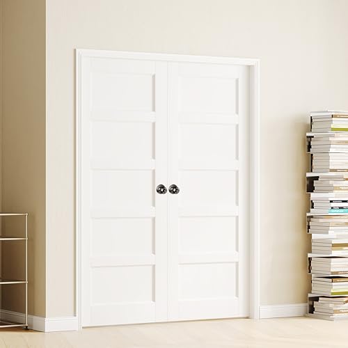 Image of 28 inch x 80 inch Slab Door, 5-Panel Pantry Wood Door with Black Door Knob, Interior Single Door Panel for Closet & Bedroom, Classic Style as Prehung, Pocket, Bifold, Barn Doors