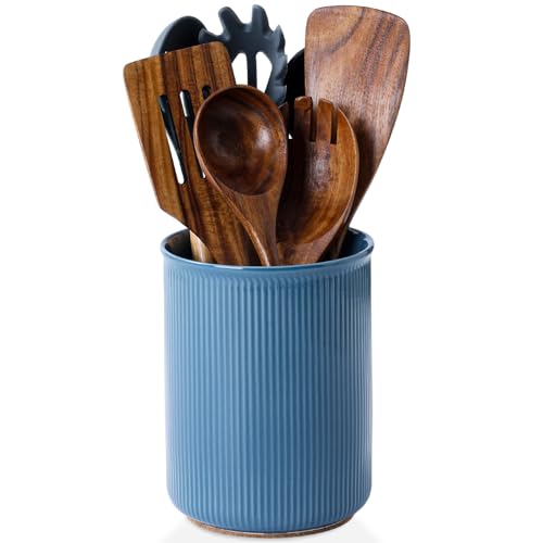 Image of LoeJan Utensil Holder, Extra Large Utensil Crock, Stable Ceramic Utensil Organizer, Cooking Tool Organizer Set for Kitchen Counter Farmhouse Decor, Blue