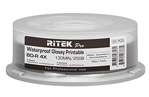 Image of 100 Pack Ritek Pro (Professional Grade) BD-R Blu-ray 4X 25GB Watershield Water Resistant Glossy White Inkjet Hub Printable Blank Recordable Disc