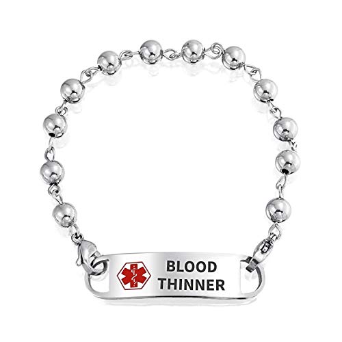 Blood Thinner Identification Medical Alert ID Ball Bead Link Chain Bracelet for Women Stainless Steel 7.5 Inch Custom Engraved