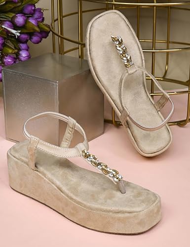 Image of TRYME T-Strap Embellished Wedges Heel Sandals for Women | Soft Suede Comfort Slip-On Sandals for Wedding, Festive & Elegant Styling