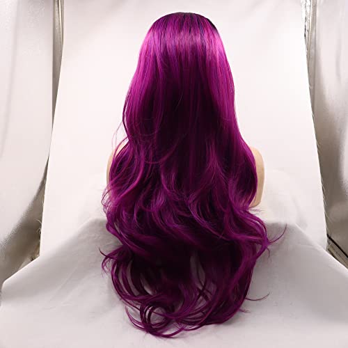 Xiweiya Dark Purple Wigs with Dark Roots Long Wavy Wig Purple Color Hair Synthetic 4 * 1 Lace Full Machine Made Wig Heat Resistant Fiber Middle Parting for Women Cosplay Makeup Party 24 Inches - Image 3