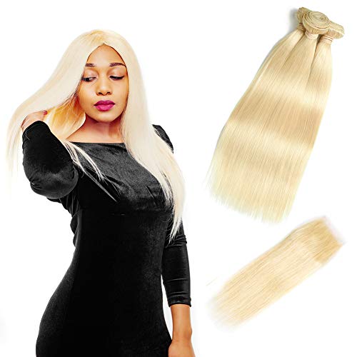 613 Blonde Hair Brazilian Straight Hair 3 Bundles With Closure 100% Honey Blonde 9A Human Virgin Hair Weave with 4x4 Lace Closure Free Part (14 16 18+12 inches, 613)