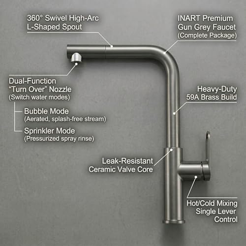 Image of INART Luxury Pull-Out Kitchen Faucet - Brass Mixer Tap with Dual Flow Modes, 360 Rotation & Hot /Cold Water Control | Gun Grey