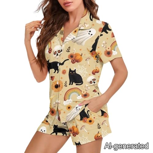 Image of Renewold Women's Short Sleeve Pajama Set Button Down Sleepwear with Notch Collar Soft Lounge Top and Shorts with Pockets