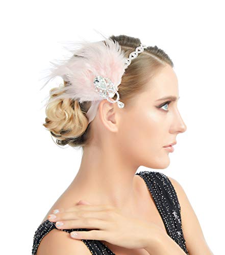 Pink Feather Silver Rhinestones Crystals 1920s Flapper Headband Vintage Roaring 20s 30s Hair Accessorie
