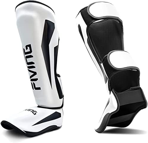 FIVING MMA Martial Arts Shin Guards – Padded, Adjustable Muay Thai Leg Guards with Instep Protection for Kickboxing/MMA Training and Sparring – Durable, Professional MMA Equipment (White, Medium)