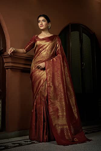 Image of Vardha Women's Kanchipuram Art Silk Saree with Unstitched Blouse Piece - Zari Woven Work Sarees for Wedding