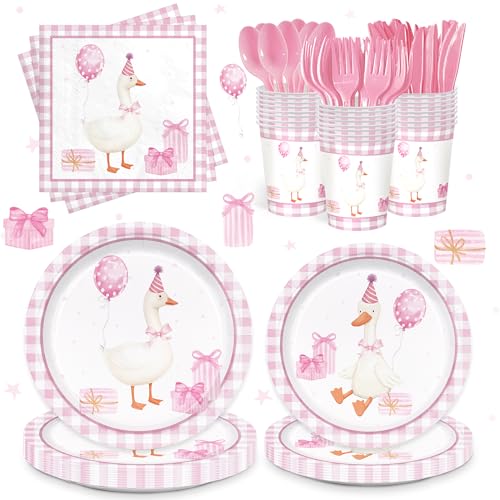 168Pcs One Silly Goose Birthday Deco Girls Silly Goose Plates Napkins Party Supplies Gingham Baby Shower Paper Cup Disposable Pink Forks Goose Tableware Set Serves 24