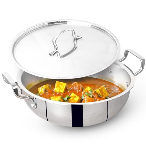 Image of The Indus Valley Triply Stainless Steel Deep Kadai /Kadhai 5 LTR with Stainless Steel Lid | 28 cm /11.02 inch, 2.29kg | Induction Friendly | Nonstick 3-Layer Body, 100% Pure & Toxin-Free