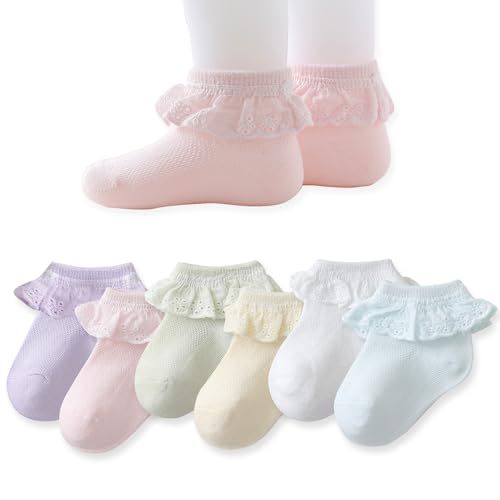 Image of EPEIUS Baby Lace Socks Newborn Girl Eyelet Ruffle Socks Infant Toddler Dress Crew Sox 0-6/6-12/12-24 Months