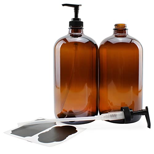 image for Cornucopia Brands 32-Ounce Amber Glass Lotion Pump Bottles (2-Pack); Q