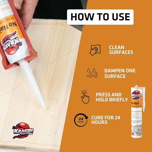 Image of Kraken Bond No More Nails Heavy Duty Clear Adhesive - (1x10.1 Fl Oz) 100% Waterproof & Extra Strong Polyurethane Construction Sealant for Wood, Ceramic, Tile, Floor, Granite, Rubber - 1 Pack