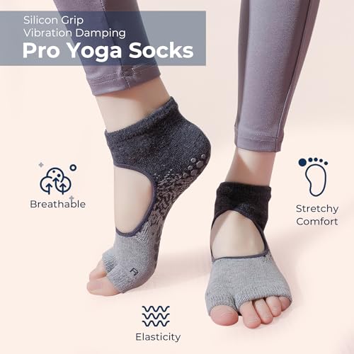 Womens Pilates Yoga Toe Socks with Grips Non Slip Cushioned Crew Socks Mid Calf for Barre Ballet