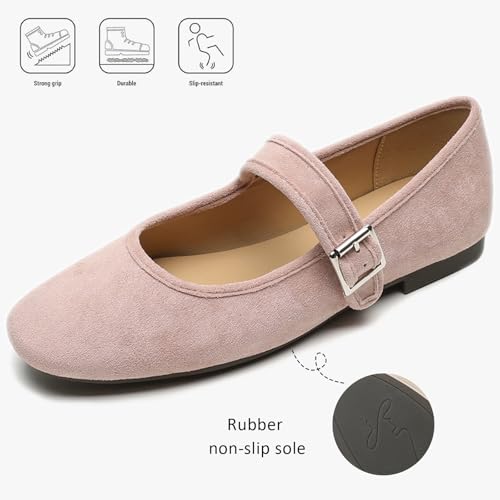 Women's Suede Round Toe Mary Jane Flats with Adjustable Buckle Elegant Low Chunky Heel Comfortable Non-Slip Slip on Ballet Flats for Daily Dating Walking3