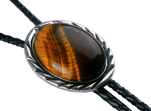 Image of Moranse Bolo Tie with Natural Tiger Eye Stone Celtic Style Genuine and Cowhide Rope