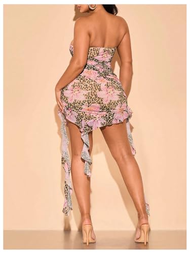 Image of Verdusa Women's Plus Size Cheetah Asymmetrical Strapless Tube Dress Ruched Bodycon Mini Dress with Ruffle Straps