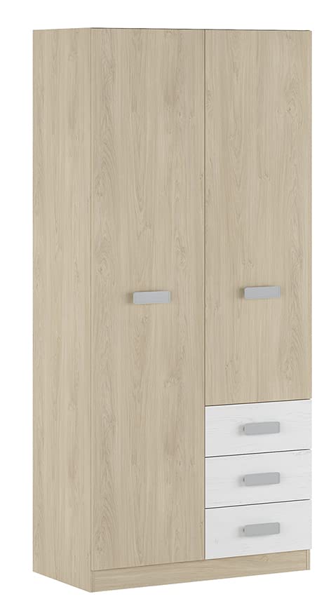SHIITO | Modelo Chelsea - Armario Multiusos con 2 Puertas y 3 Cajones | 207.6 x 94.8 x 50 cm - Natural y Blanco Veteado | Óptimo para Almacenaje Resistencia