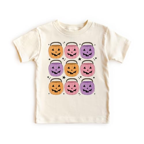 Retro Jack O Lantern Candy Buckets Girls Shirt - Cute Kids Halloween Trick Or Treating Outfit - Natural Toddler, Youth Clothing