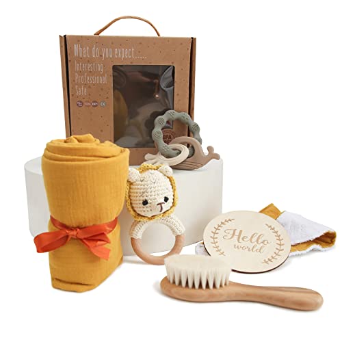 Image of Baby Boy Gift Set New Born Shower Gifts, Baby Essentials Basket Stuffers Baby Bath Set with Muslin Baby Blanket, Teething Toys, Drool Towel, Wood Brush & Rattle, Newborn Welcome Baby Gift Box Set