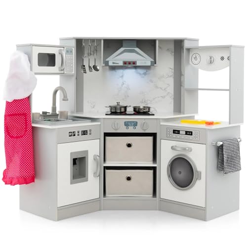 GLACER Wooden Kids Corner Play Kitchen Set, Pretend Cooking Toy Set w/Realistic Lights, Sounds, Water Features & Lighted Range Hood, Ideal Gift for Kids 3+ Years Old (Gray)