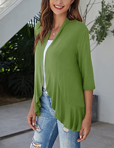 Image of Bluetime Women Casual Lightweight Open Front Cardigans Soft Draped Ruffles 3 /4 Sleeve Cardigan (S-3XL)