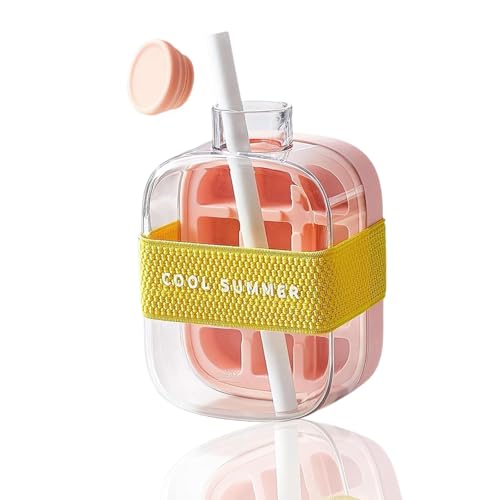 2in1製氷皿 水筒として利用可能 製氷機 製氷器 ストロー&蓋付き アイストレー 水漏れ防止 冷蔵庫専用 夏休み アイスキューブ 冷たい飲み物 多用途 DIY 小型製氷機 家庭用 (ピンク, S(500ML))