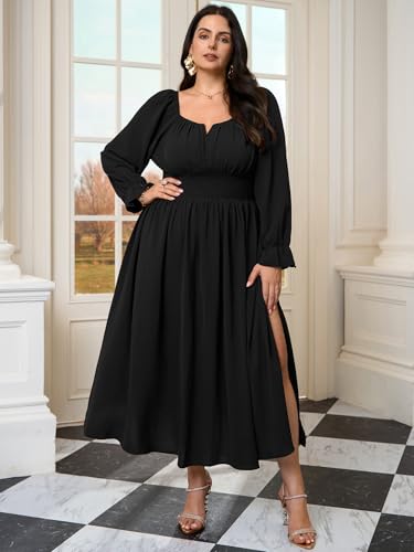 Plus Size Maxi Dresses for Curvy Women Wedding Guest Long Sleeve Square Neck Smocked Empire Waist Slit Long Dress3