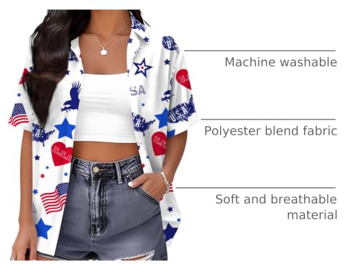 Image of Ithalt 4th of July Hawaiian Shirts Women American Flag Patriotic Short Sleeve Button Down Outfits Summer Vacation Tops
