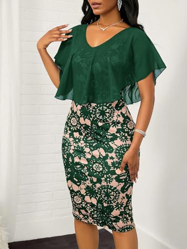 WDIRARA Women's Bodycon Midi Dresses Boho Floral Print Dress Ruffle Elegant Pencil Short Sleeve Dress4