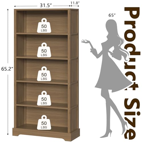 Image of TVU 5-Tier Wooden Bookshelf, 65 inch Tall Farmhouse Style Open Bookcase, 31.5 inch W Standing Book Shelf with Storage, Suitable for Study, Living Room, Office, Teak