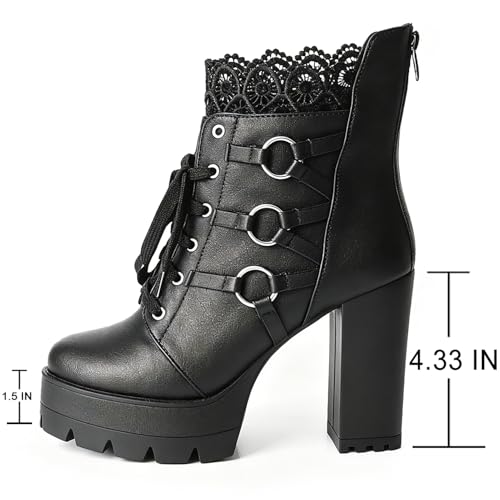 Image of FOREADA Goth Boots Chunky Heel Boot For Women Ankle Combat Booties Black Platform Bootie Buckle Rivets Punk Goth Shoes With Zipper