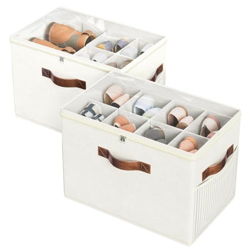 Top 10 Best Shoe Organizer Amazon Finds for Your Space 12 Budding Joy 2 Pack Shoe Organizer for Closet, Clear Foldable Shoe Storage Containers Adjustable Dividers Fits 16 Pairs,Shoe Storage Bins Baskets Boxes with Reinforced Handles Beige