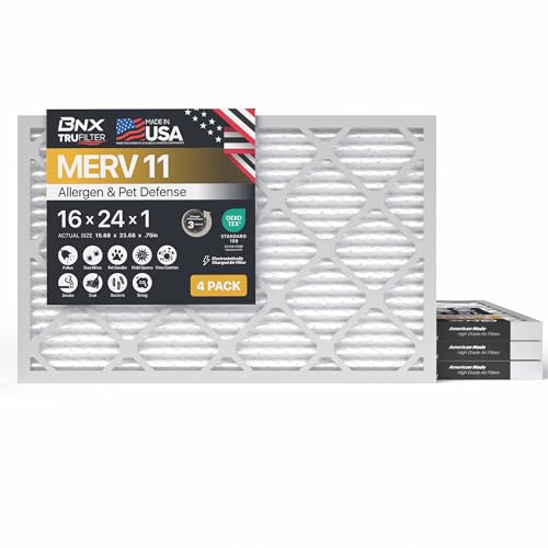 Image of BNX TruFilter 16x24x1 Air Filter MERV 11 (4-Pack) - MADE IN USA - Allergen Defense Electrostatic Pleated Air Conditioner HVAC AC Furnace Filters for Allergies, Dust, Pet, Smoke, Allergy MPR 1200 FPR 7