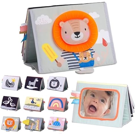 Taf Toys Savannah Infant Tummy-time Soft Crinkle Activity Book with Huge Baby Safe Mirror, 3D Activities, Textures and a Soft Baby Teether Cover