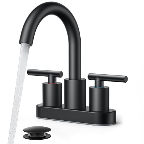 FORIOUS 4 Inch Centerset Bathroom Faucet Black 2 Hole, Two Handle Matte Black Faucet for Bathroom Sink with Pop Up Dain, 24' Supply Line, and 360° Rotating Spout of 4' Vanity