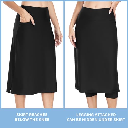 WOWENY Women's Midi Length Long Swim Skirts with Legging Modest High Waisted Tankini Skirt Bottom with Zipper Pockets3