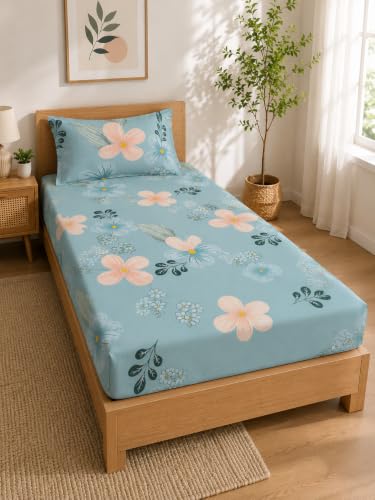 Image of LOOMLYFE Microfiber Soft Cotton Single Bed Bedsheet for Diwan Bed, Size 60 Inches X 90 Inches, 152 X 230 cm with 1 Large Size Pillow Covers Without Joint - SkyPeachFlower