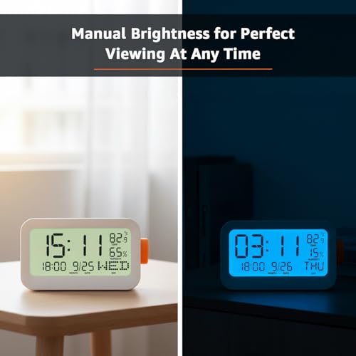 Image of Amazon Basics LCD Digital Table Clock with 3 Alarms, Snooze, Manual Brightness, ABS, White Color, Battery Operated, Compact Design for Desk, Bedside, Study Table (Size: 14 x 6.3 x 7.6 cm)