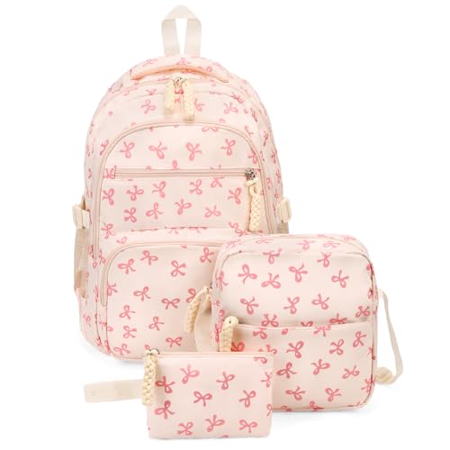Cohawk Bow Backpack for Women Coquette Aesthetic Nylon Rucksack Cute Kawaii Backpack 3Pcs Set With Bow Pattern