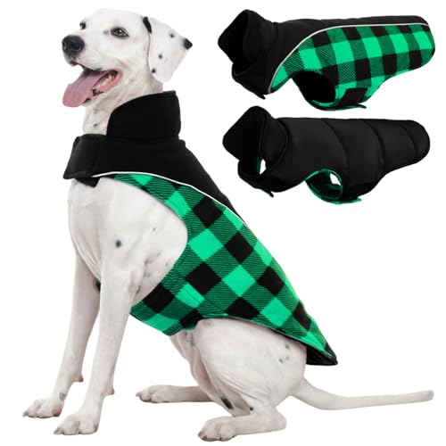 Kuoser Dog Winter Coat, Reversible Waterproof Dog Jacket with Reflective Strip, Warm Dogs Fleece Vest Adjustable Doggy Cold Weather Clothes Plaid Christmas Outfit Pet Apparel for Large Dogs, Green 2XL