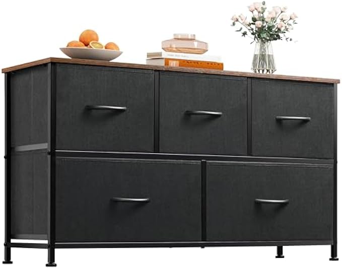 WLIVE Dresser for Bedroom with 5 Drawers, Wide Chest of Drawers, Fabric Dresser, Storage Organizer Unit with Fabric Bins for Closet, Living Room, Hallway, Black and Rustic Brown