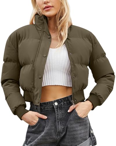 KEOYA Winter Warm Lightweight Short Coat Long Sleeve Stand Collar Down Jackets Womens Cropped Puffer Jacket Green Medium