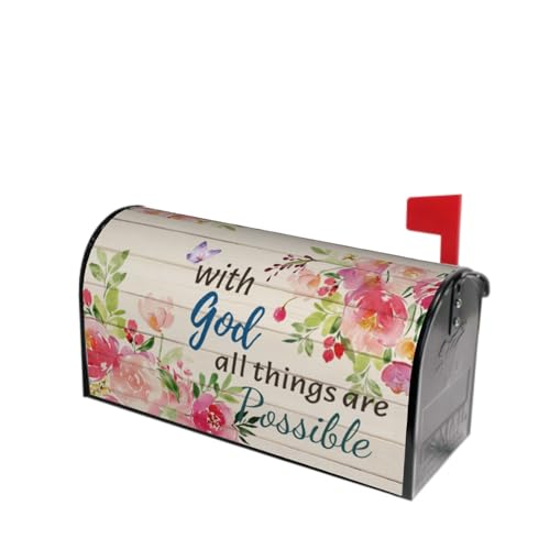 Image of Spring Summer Mailbox Cover Magnetic with God All Things are Possible Mailbox Wrap 21 inchx18 inch Peony Flowers Inspirational Standard Size Letter Post Cover for Yard Garden Outdoor Outside