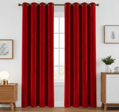 Image of Amazon Brand - Solimo Velvet Curtain Set of 2 (52x96 Inch) Plain Door & Window Curtains for Living Room & Bedroom |75% Light Blocking, Eyelet Curtains for Home Decor in Red Color (4 feet x 8 feet)