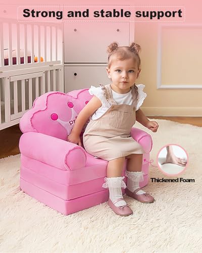 MOONBEEKI Kids Couch Fold Out, Foldable Princess Chair for Toddlers 1-3, Sofa Bed for Kids Folding Toddler Bed Lounger Chair for Bedroom ?Pink?